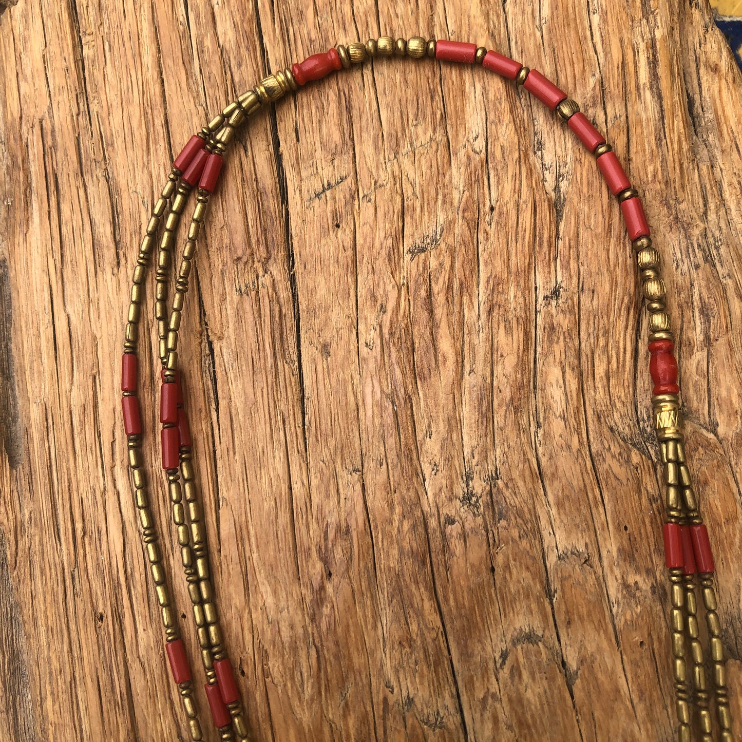 Three Strand Coral & Brass Long Necklace