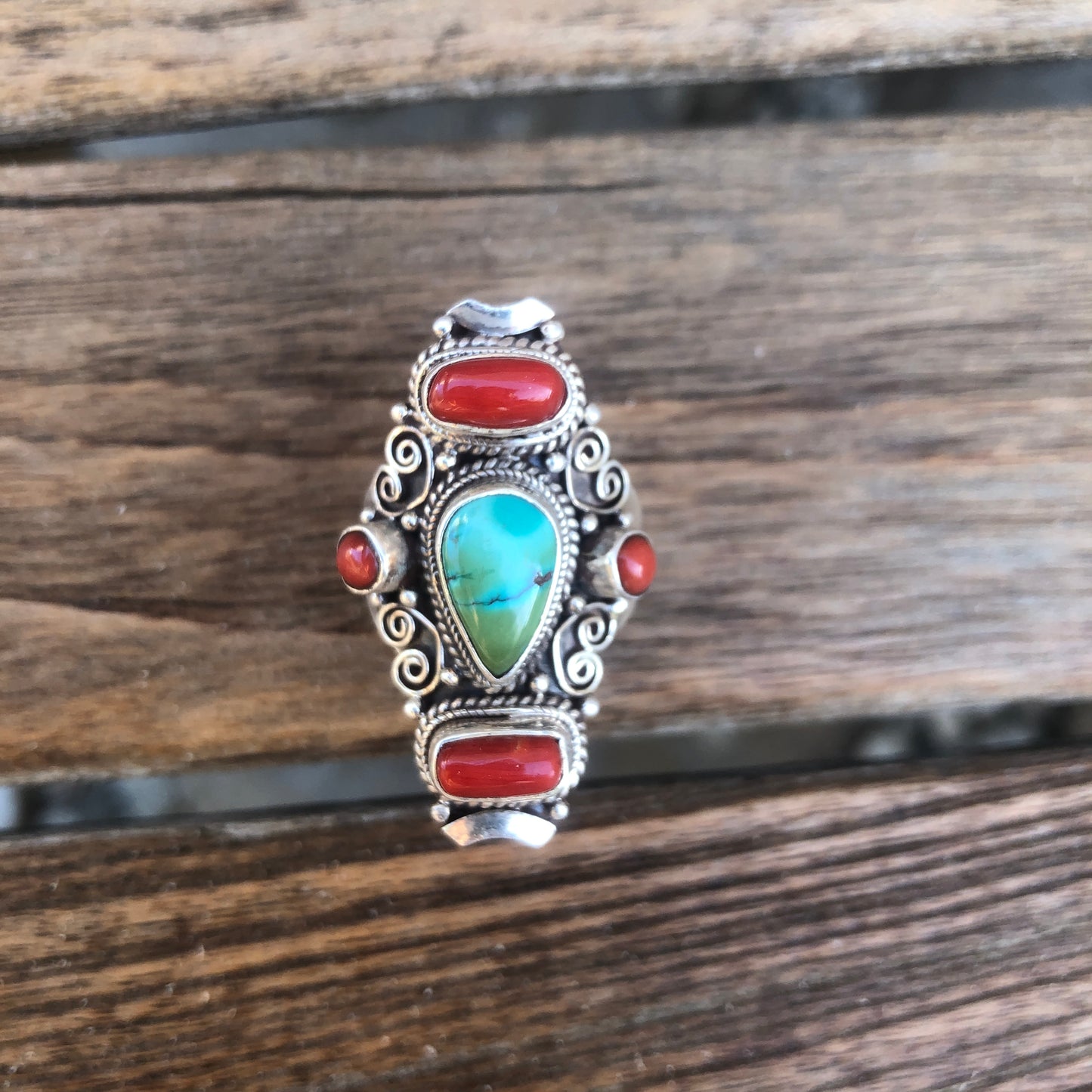 Turquoise And Coral Multi Stone Saddle Ring