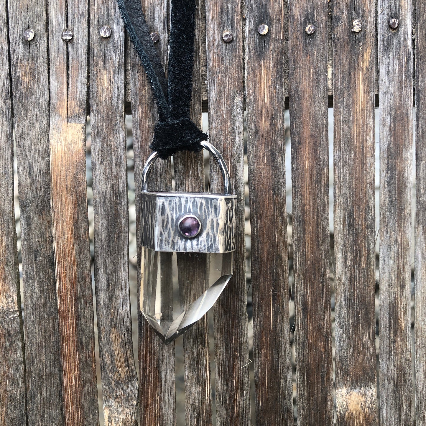 Crystal Quartz Point Pendant On Black Leather Lace