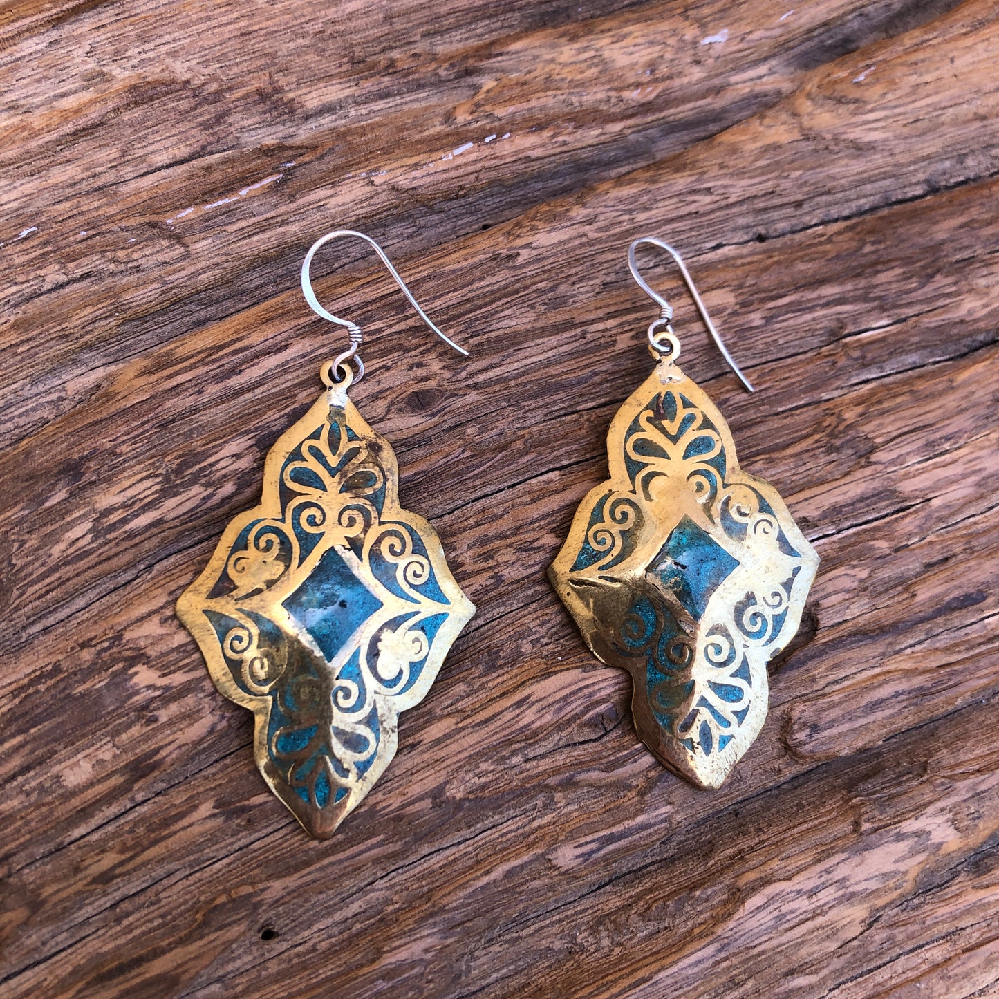 Turquoise Inlay On Brass Dangle Earrings