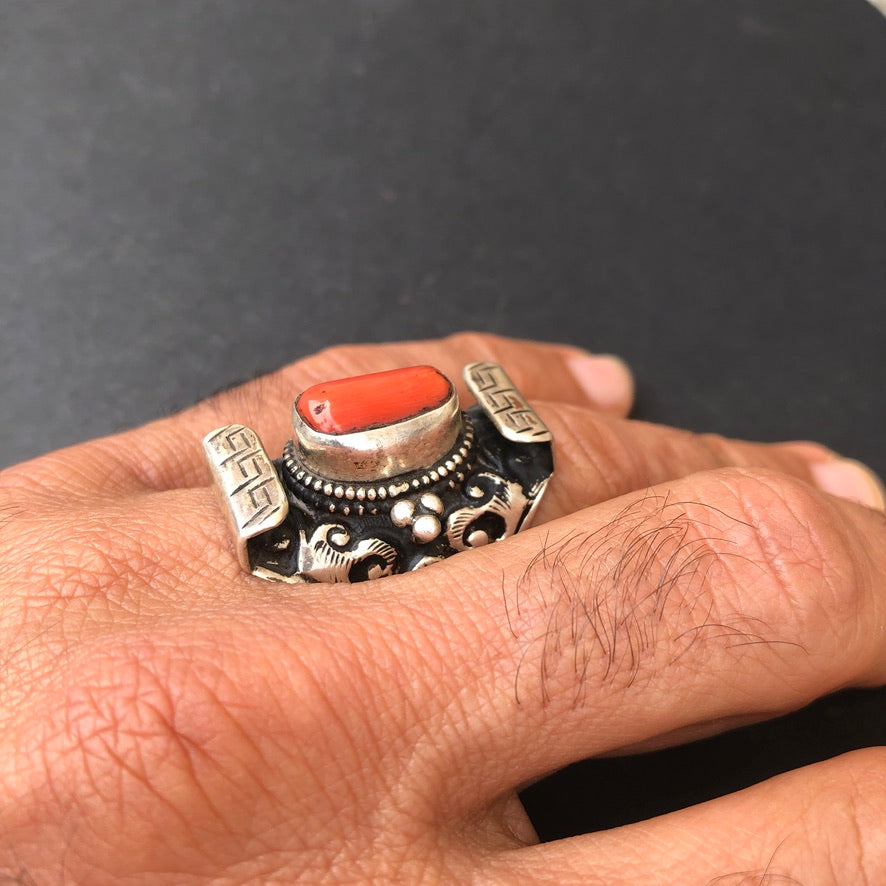 Tibetan Red Coral Saddle Ring