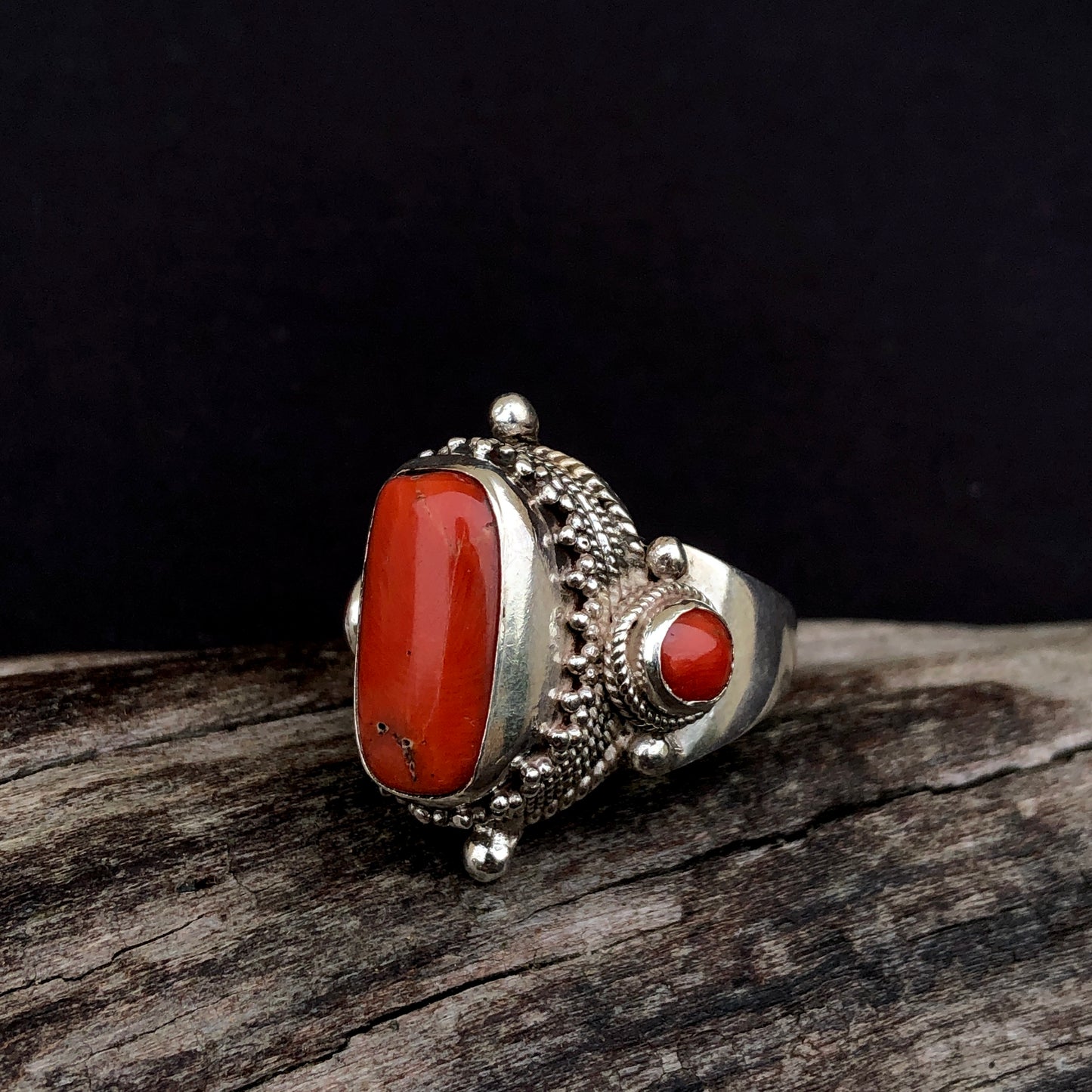 Tibetan Coral Saddle Ring