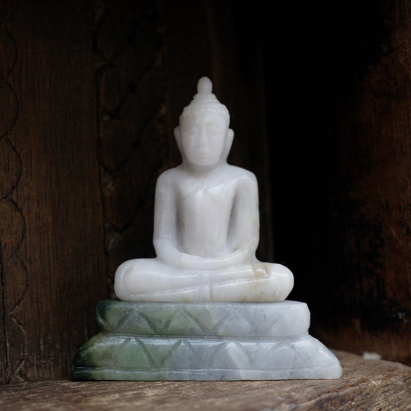 Seated Buddha Figurine In White And Green Jade
