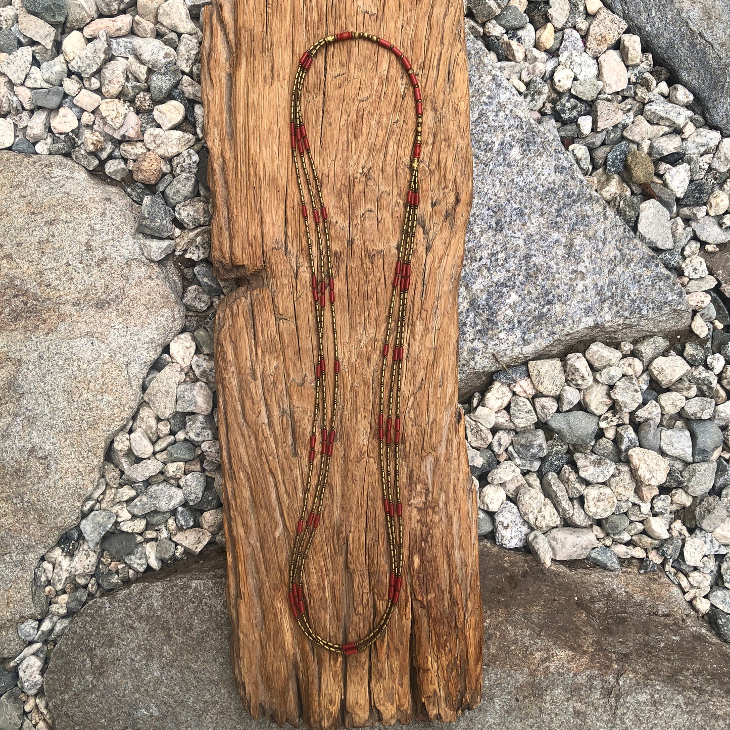 Three Strand Coral & Brass Long Necklace