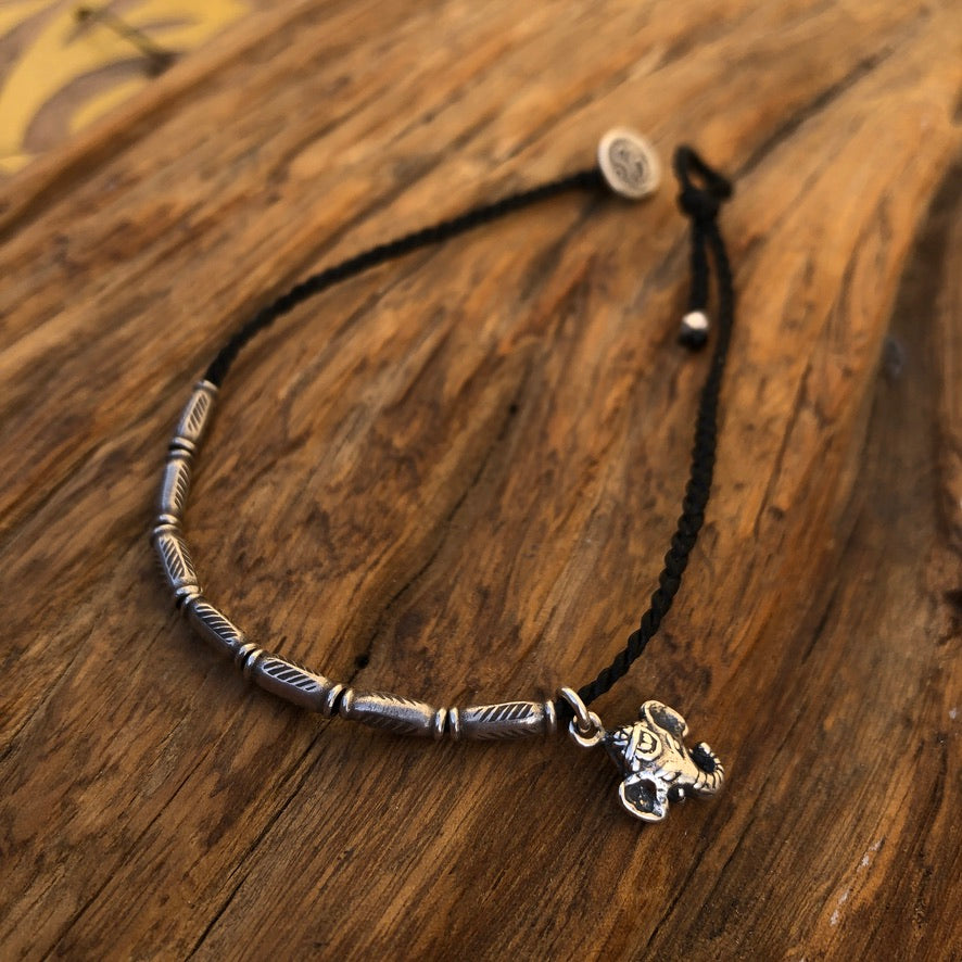 Hilltribe Silver Beads Ganesha Charm On Braided Linen Cord