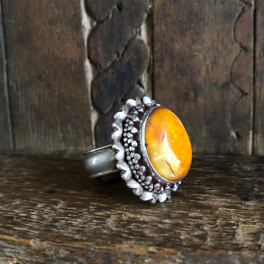 Natural Amber Silver Ring