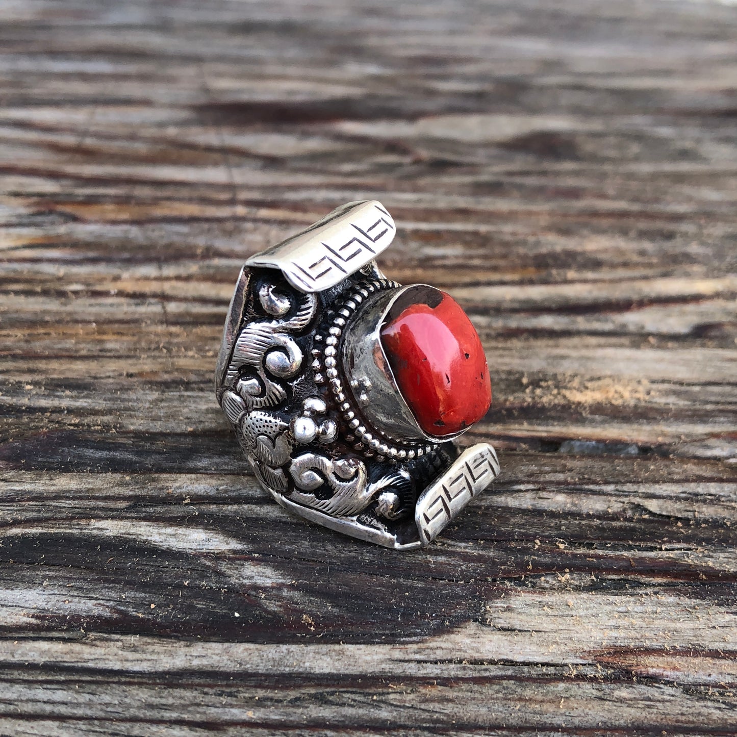 Large Coral Silver Saddle Ring