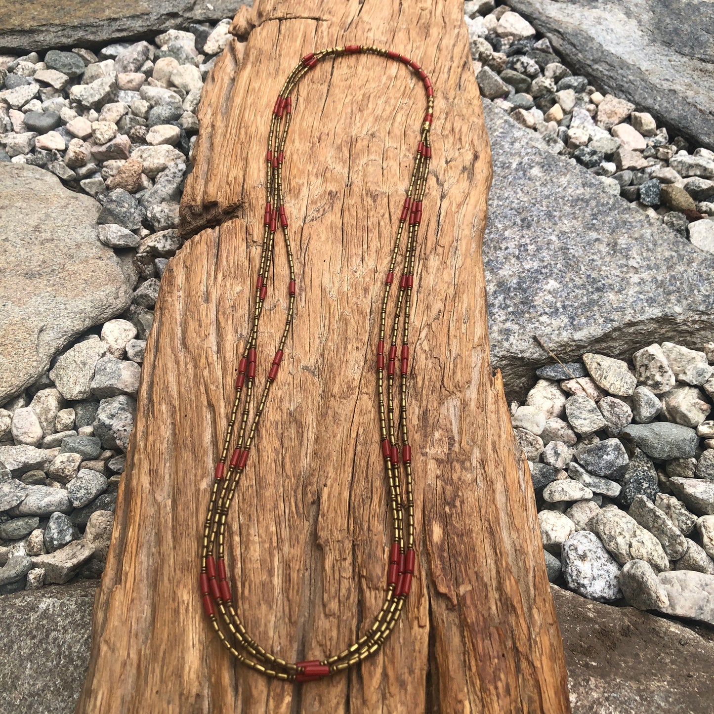 Three Strand Coral & Brass Long Necklace
