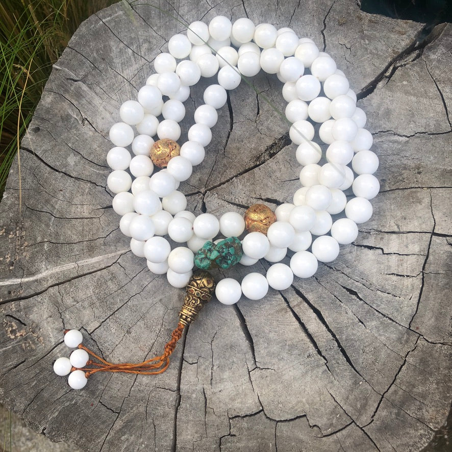 Round Seashell Raw Turquoise And Copper Dragon Beads 108 Praying Mala