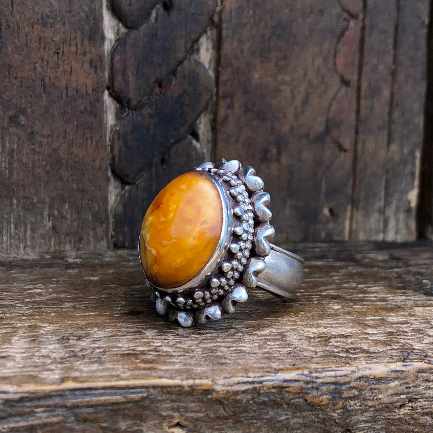 Natural Amber Silver Ring