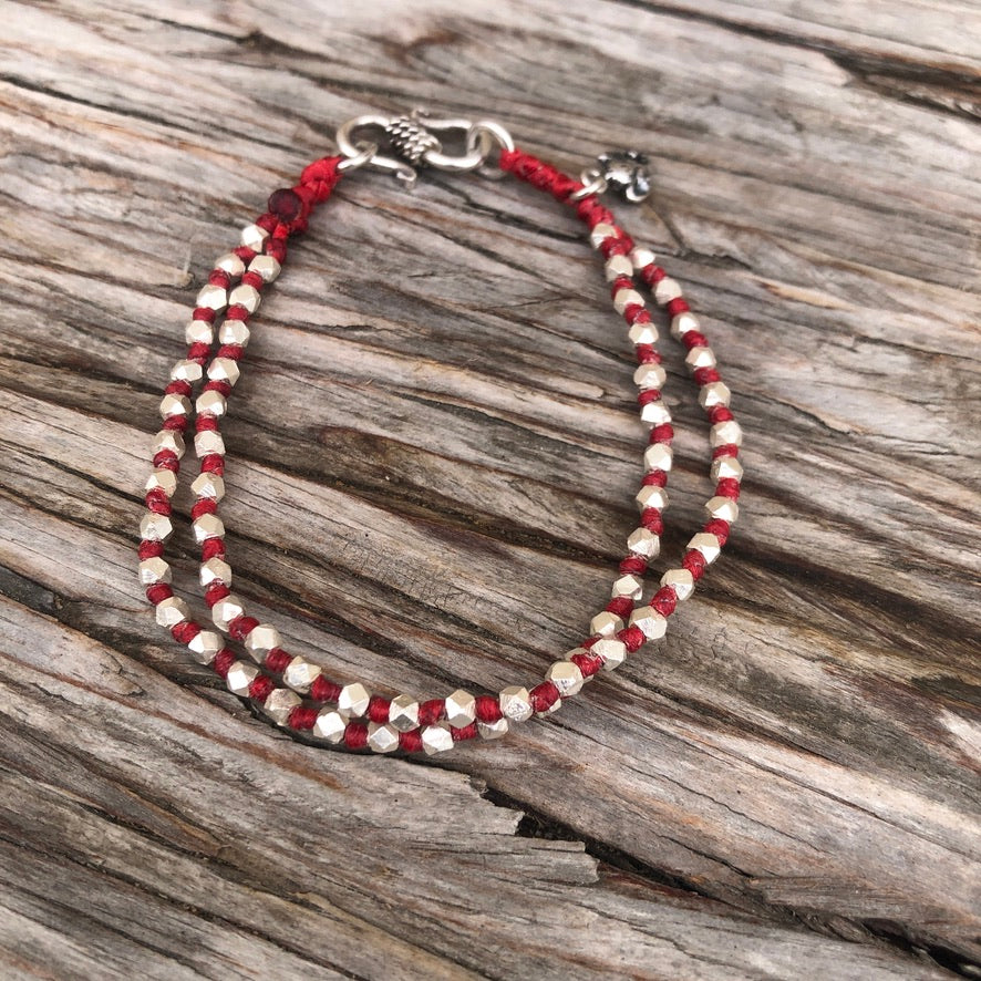 Knotted Silver Cubes Ganesha On Red Cord Bracelet