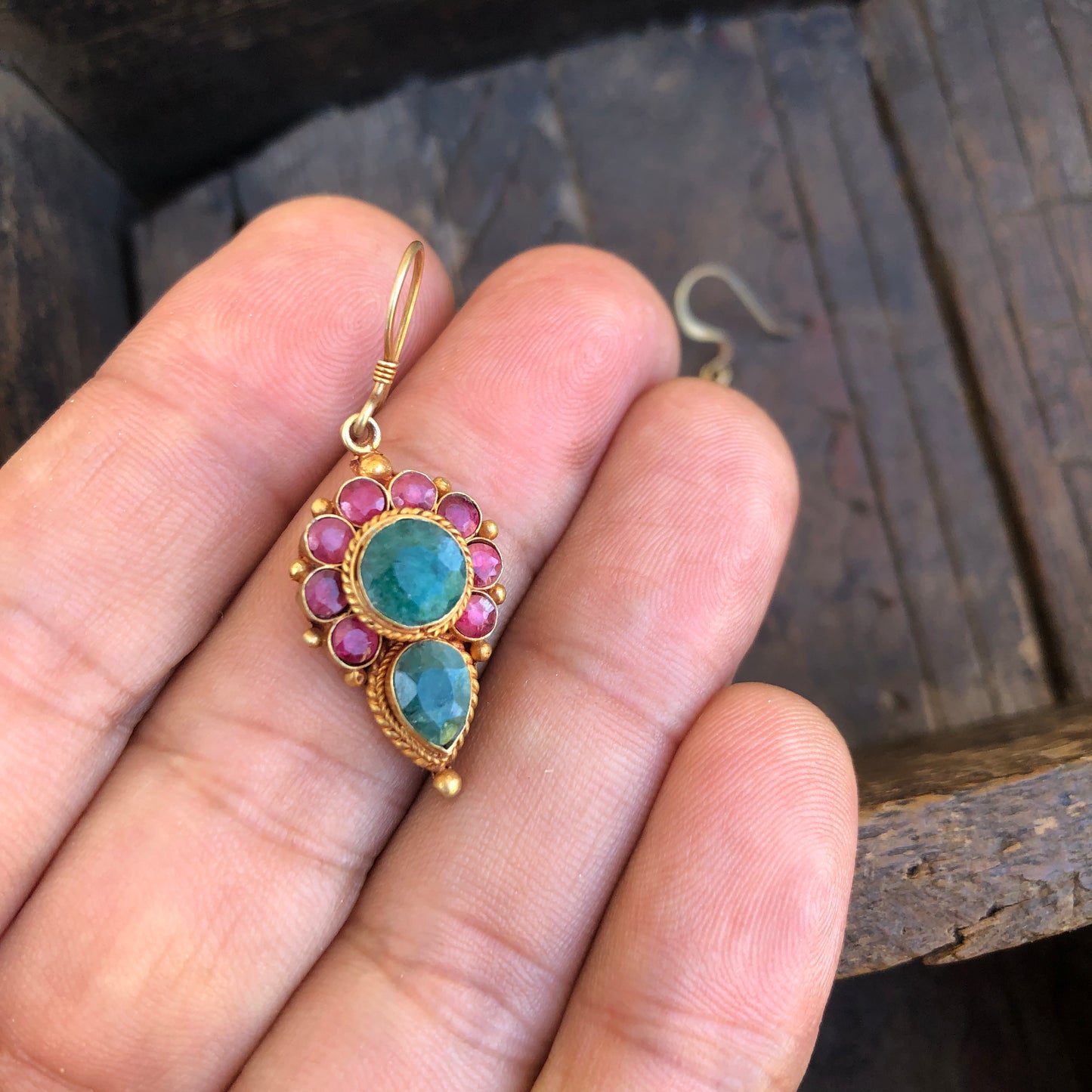 Faceted Ruby & Emerald Dangle Earring
