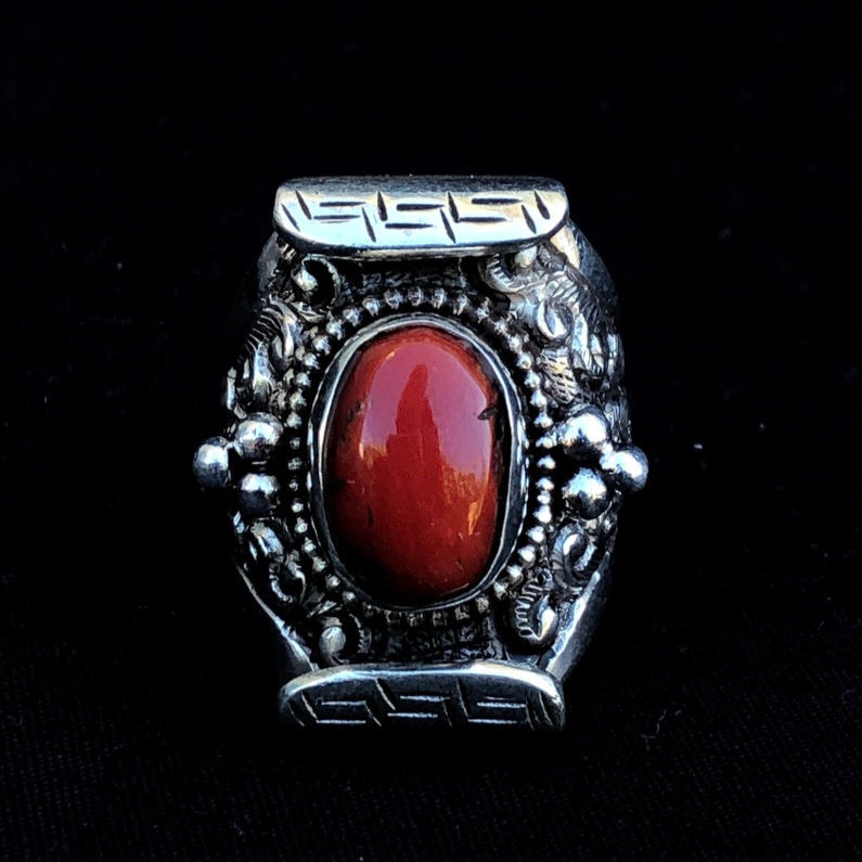 Tibetan Red Coral Saddle Ring