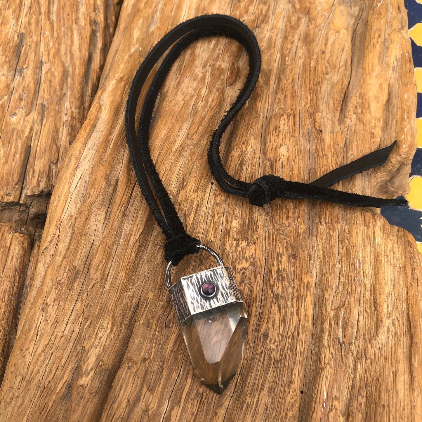 Crystal Quartz Point Pendant On Black Leather Lace