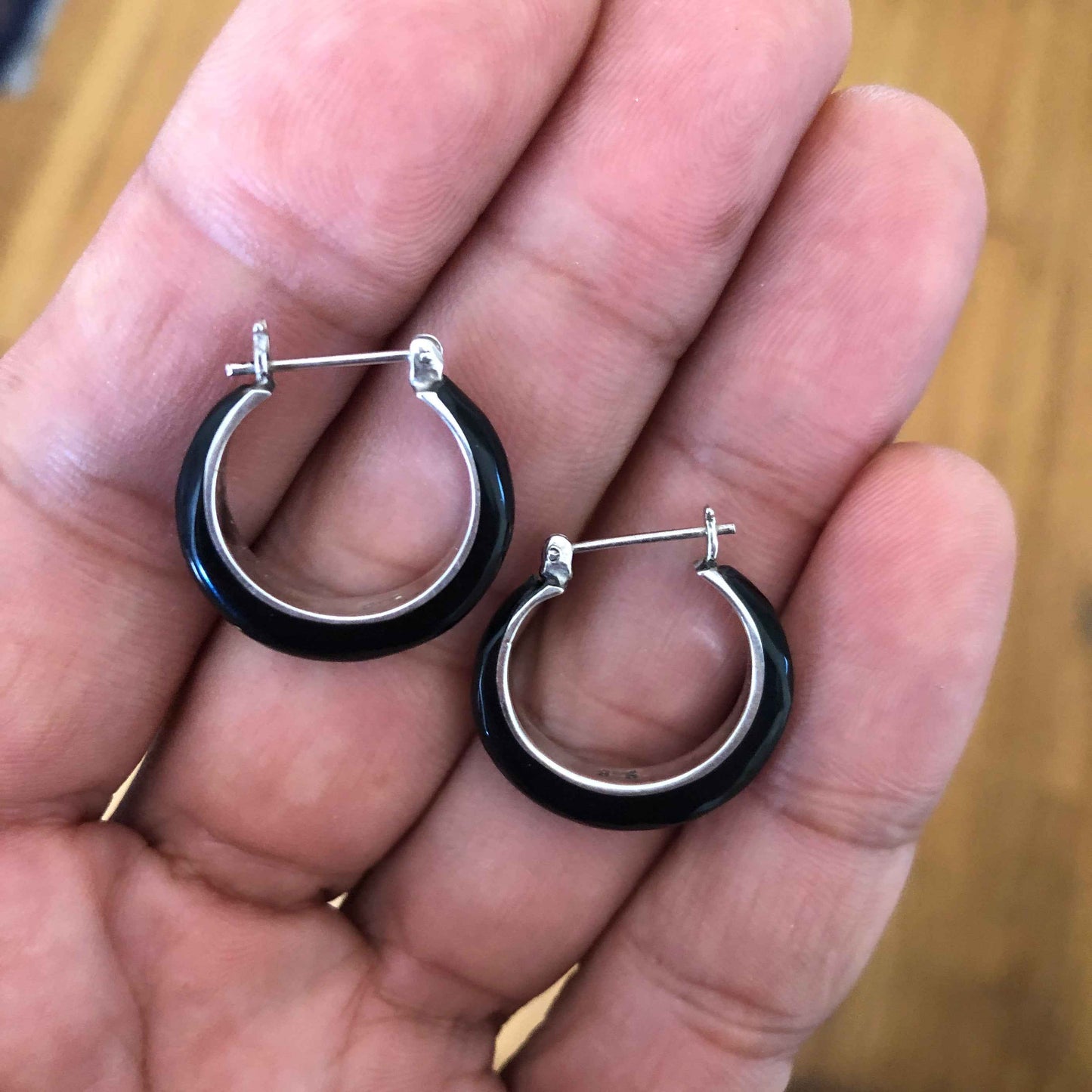 Black Seashell Silver Hoops