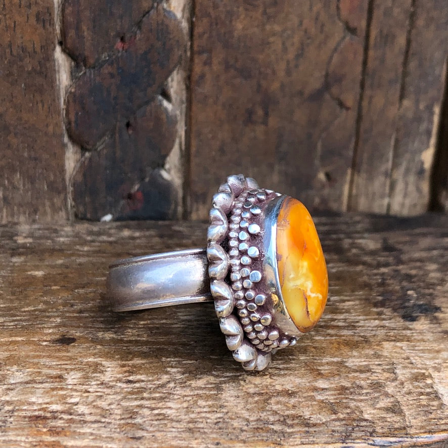 Natural Amber Silver Ring