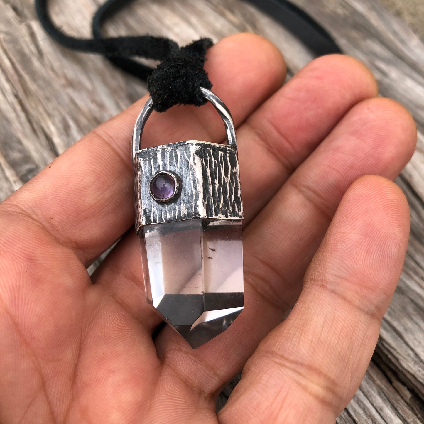 Crystal Quartz Pendant On Black Leather Lace