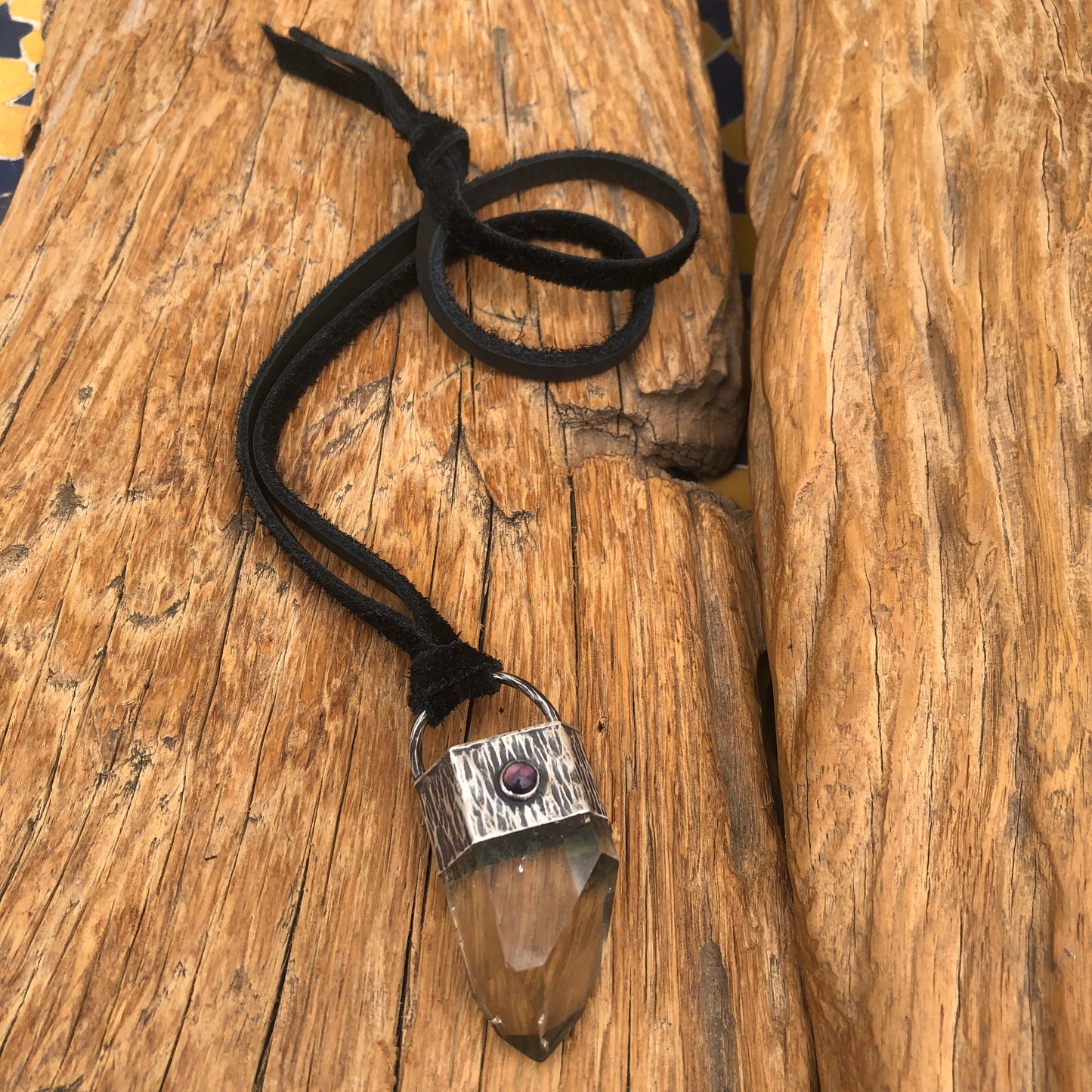 Crystal Quartz Point Pendant On Black Leather Lace