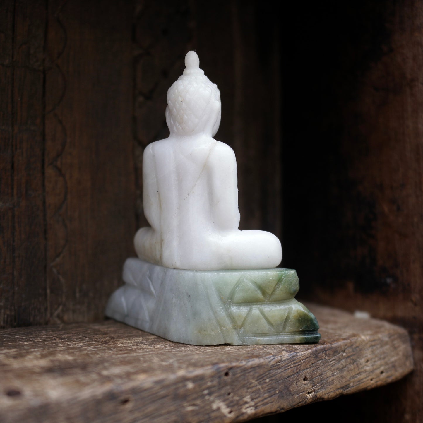 Seated Buddha Figurine In White And Green Jade