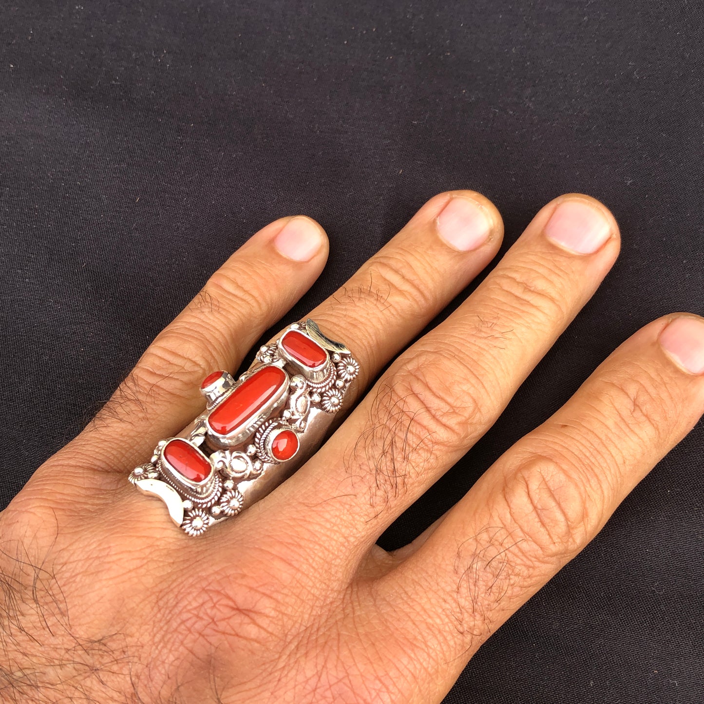 Large Coral Silver Saddle Ring