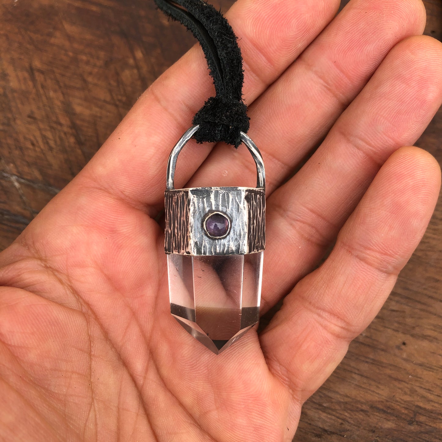 Crystal Quartz Pendant On Black Leather Lace