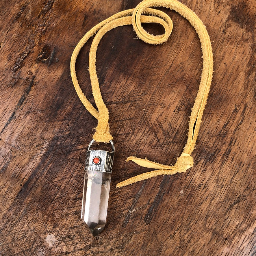 Crystal Quartz Pendant On Tan Leather Lace