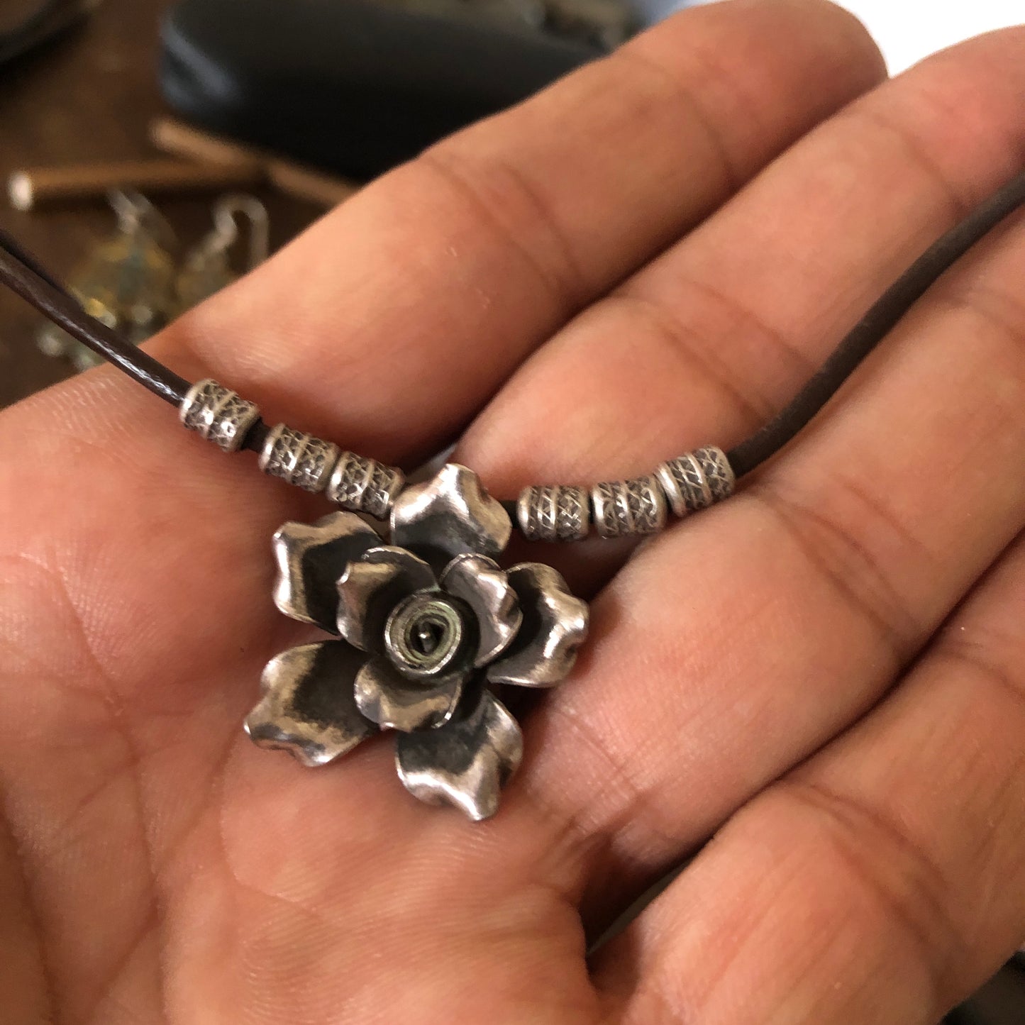 Sterling Silver Flower Bud On Leather Cord Necklace