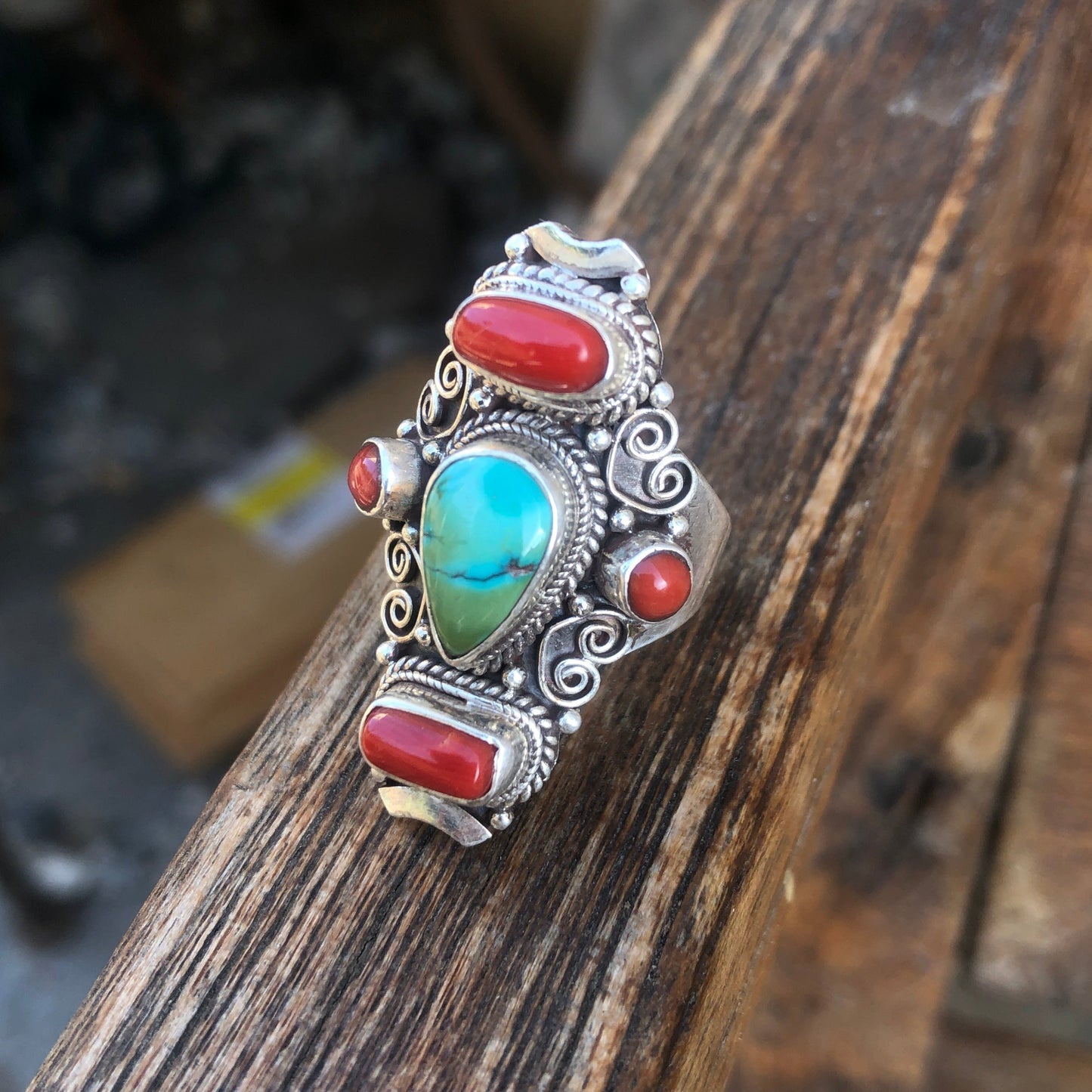 Coral and turquoise saddle ring