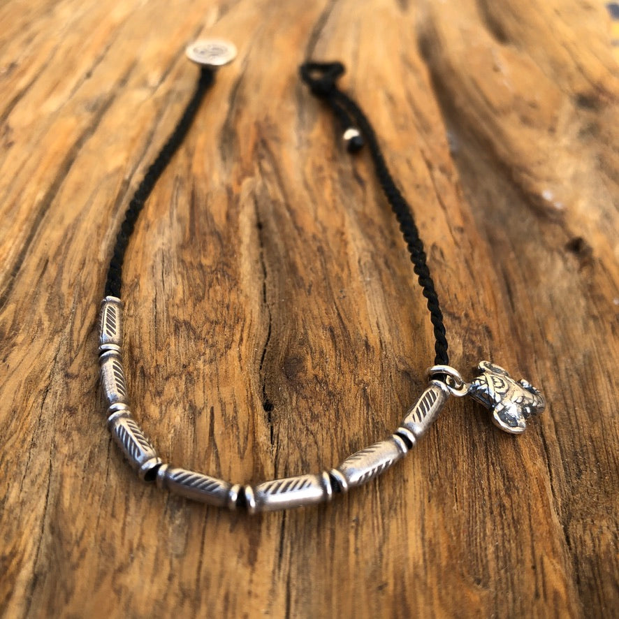 Hilltribe Silver Beads Ganesha Charm On Braided Linen Cord
