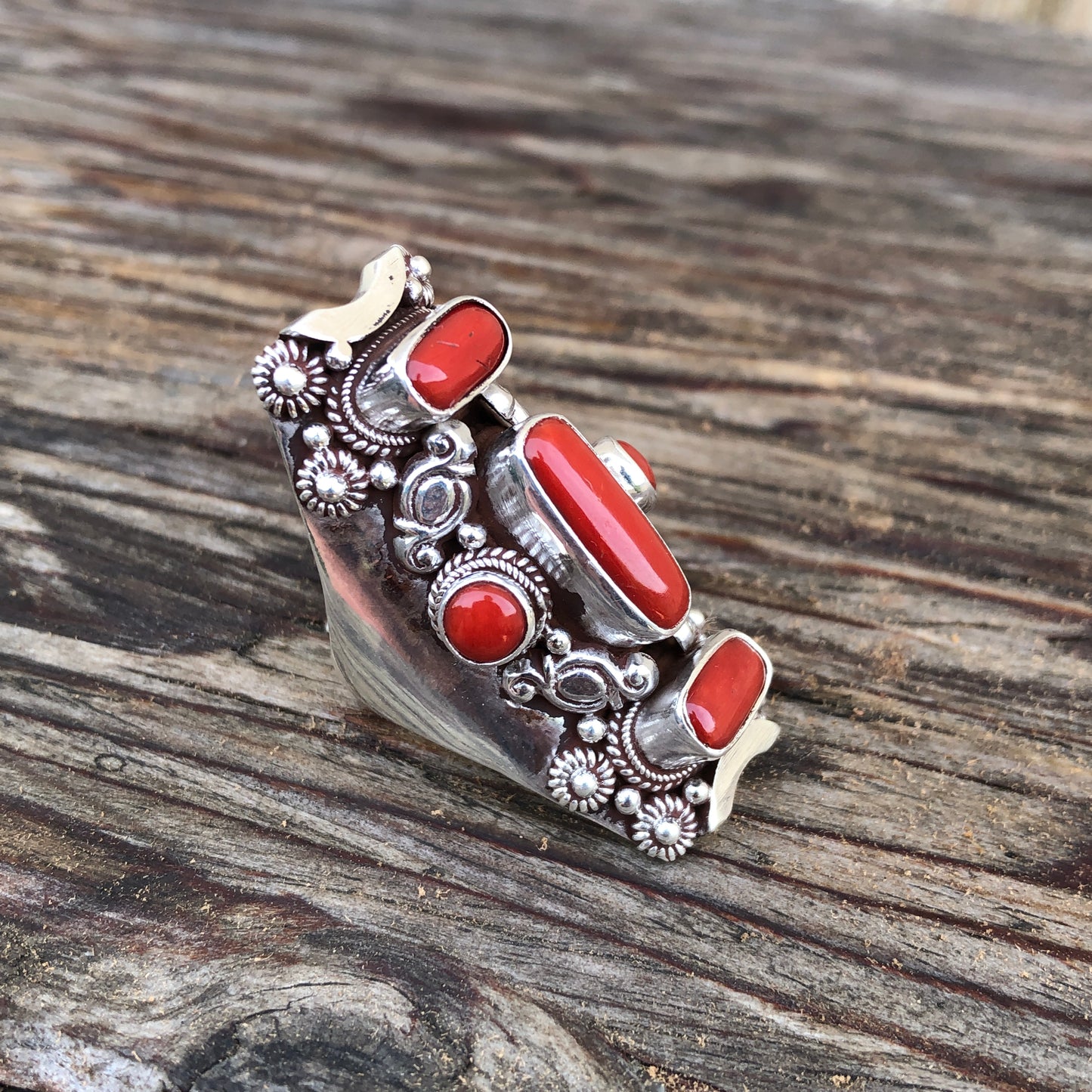 Large Coral Silver Saddle Ring