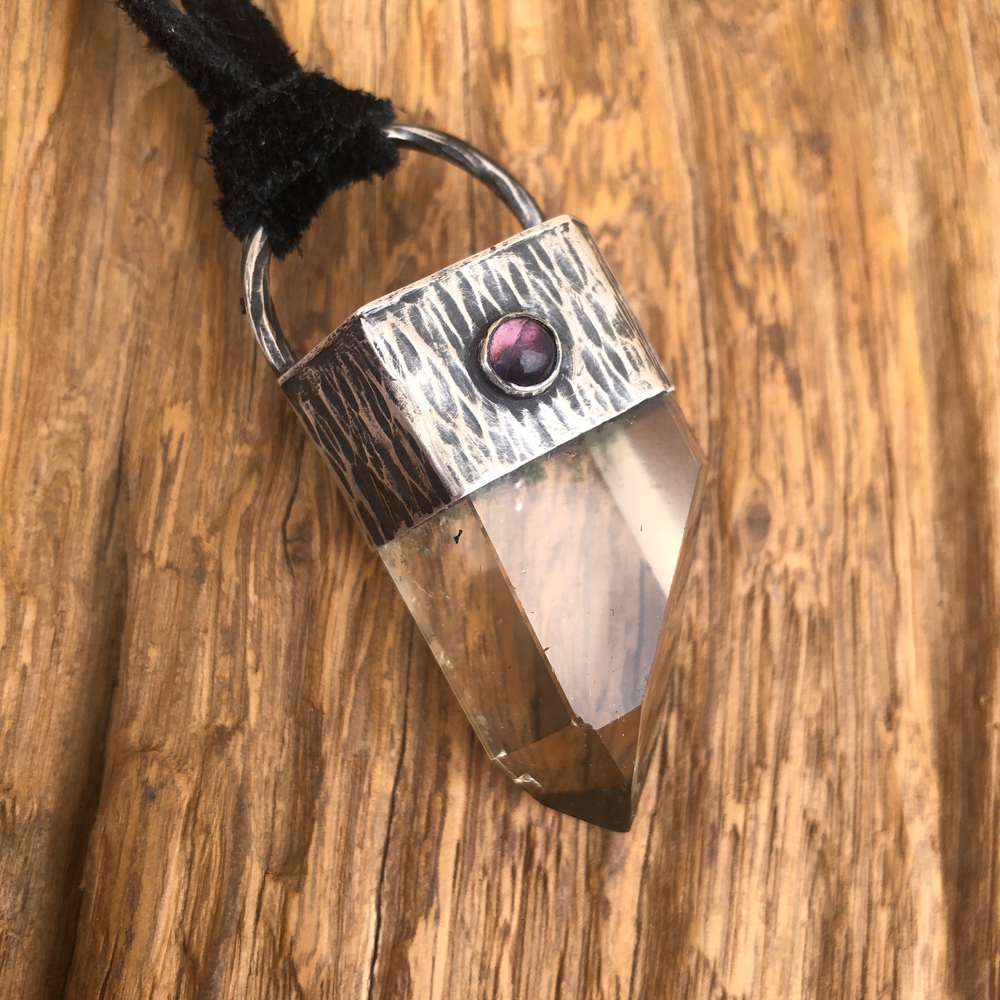 Crystal Quartz Point Pendant On Black Leather Lace