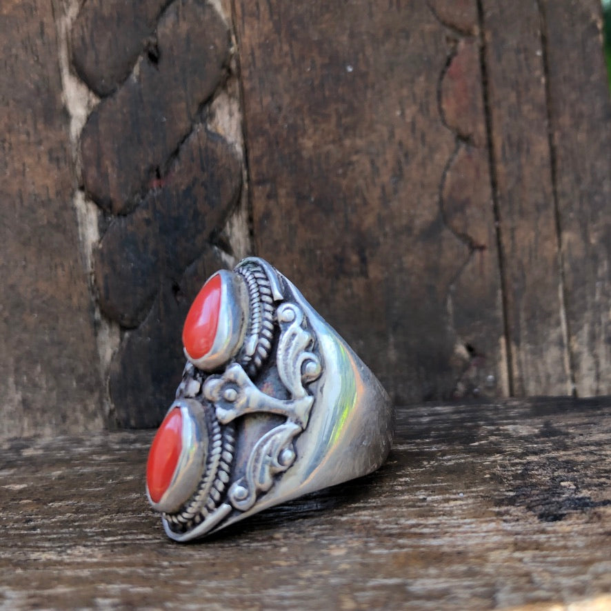 Vintage Red Coral Silver Ring