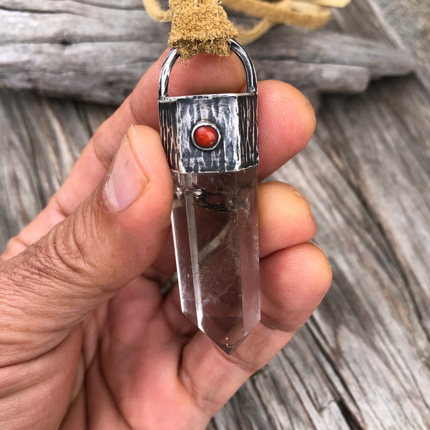 Crystal Quartz Pendant On Tan Leather Lace