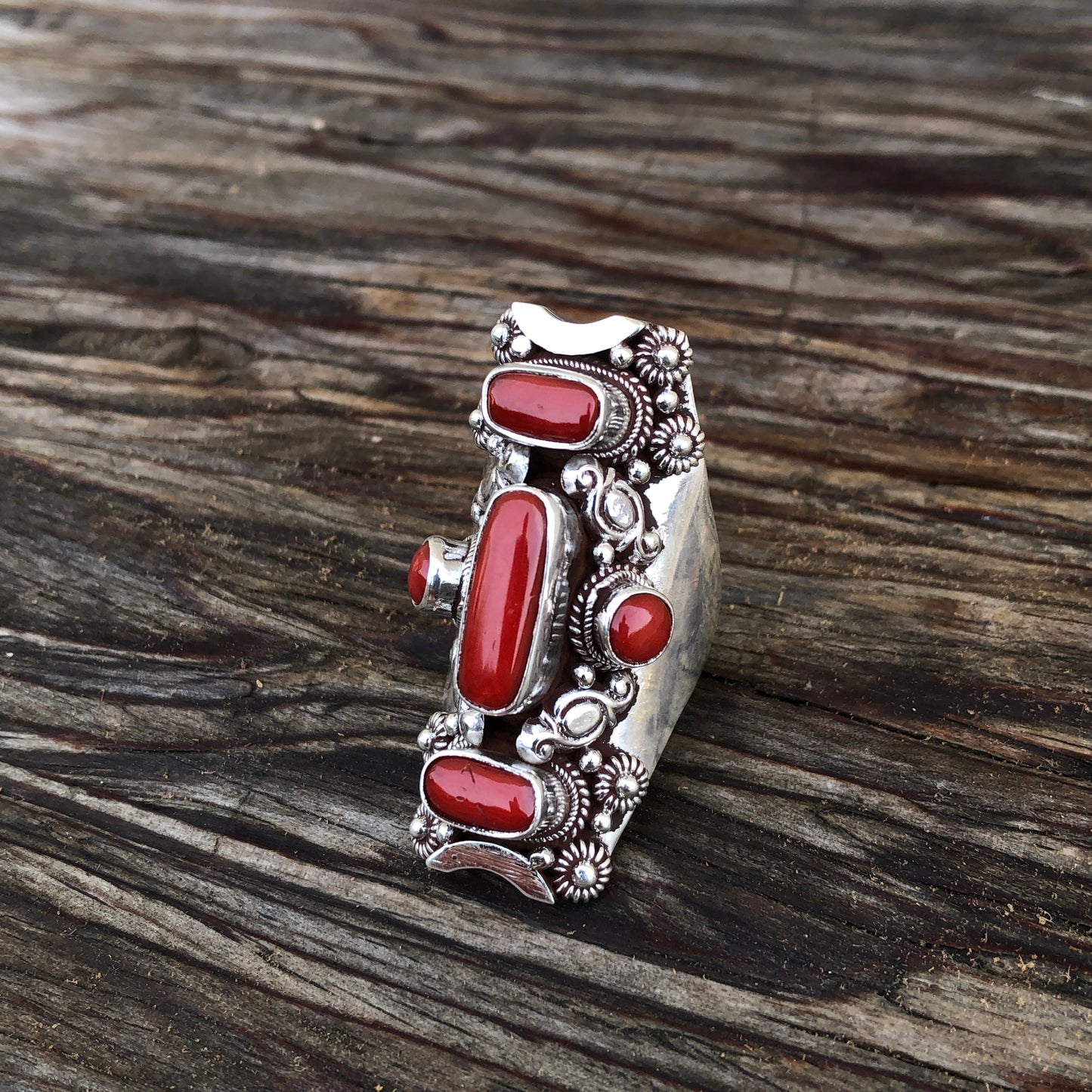 Large Coral Silver Saddle Ring