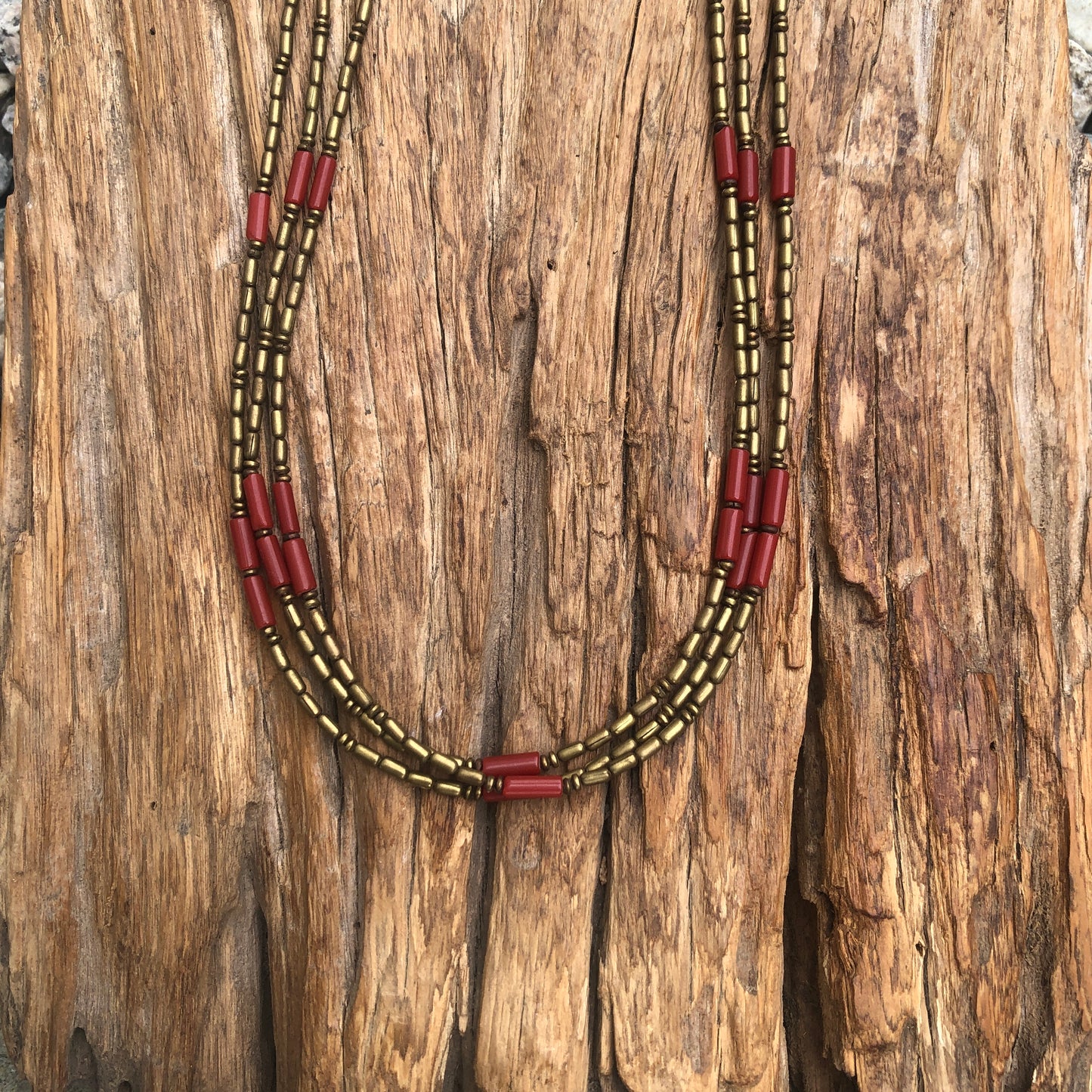 Three Strand Coral & Brass Long Necklace