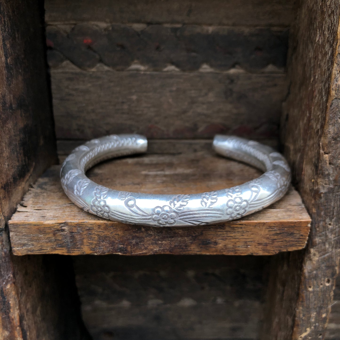 Etched Hilltribe Silver Bangle Bracelet