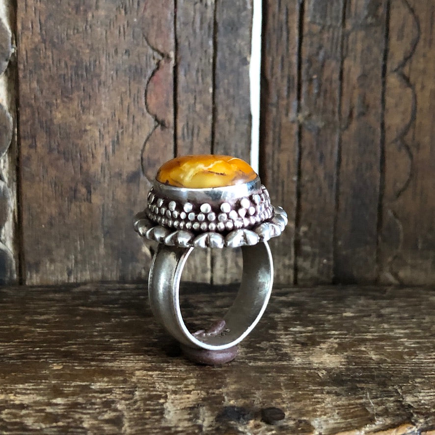 Natural Amber Silver Ring