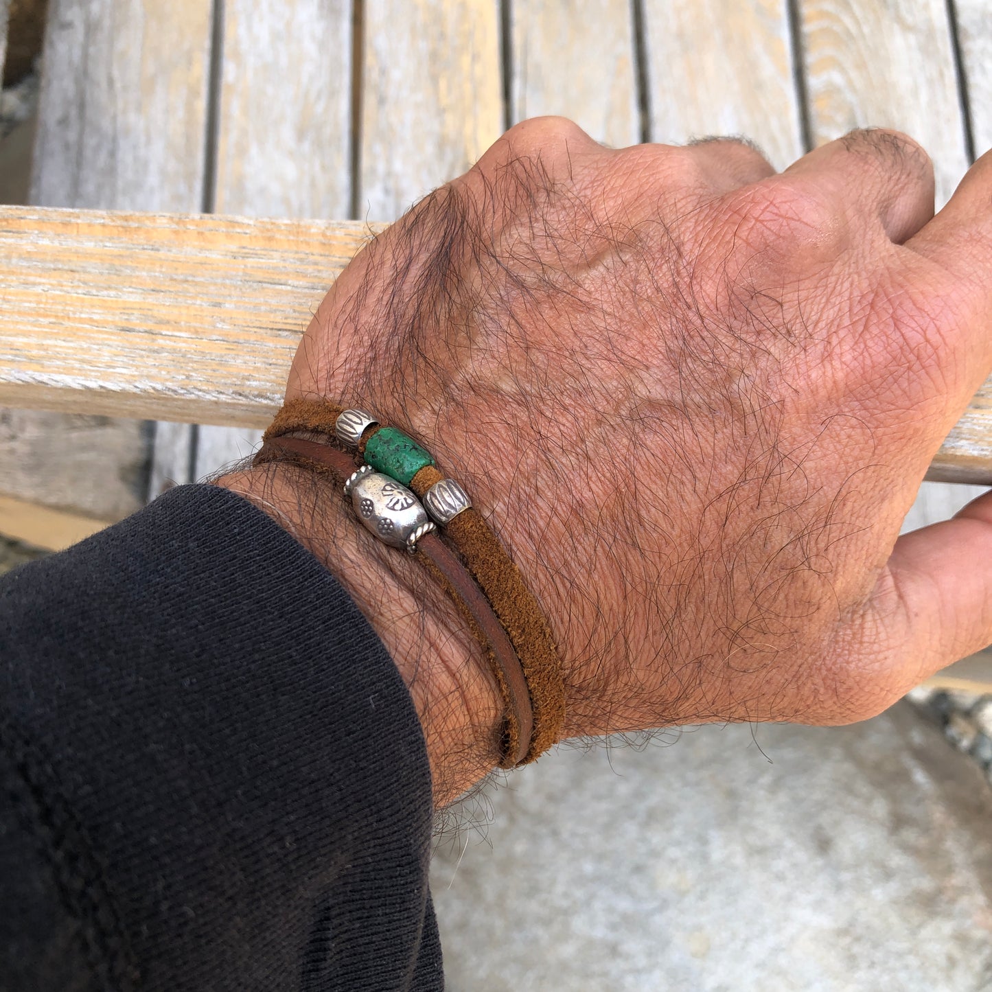 Silver Beads & Turquoise On Brown Leather Bracelet