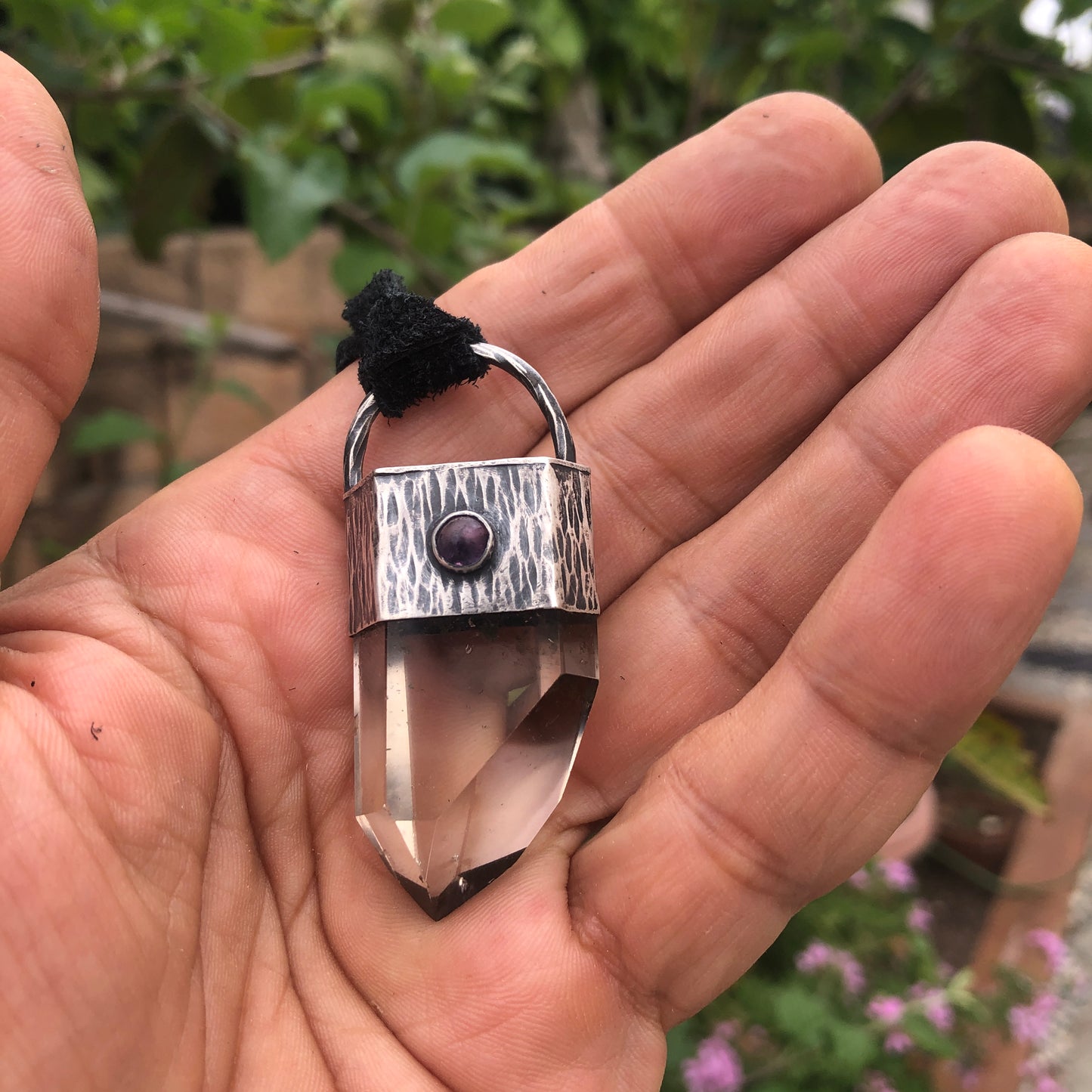 Crystal Quartz Point Pendant On Black Leather Lace