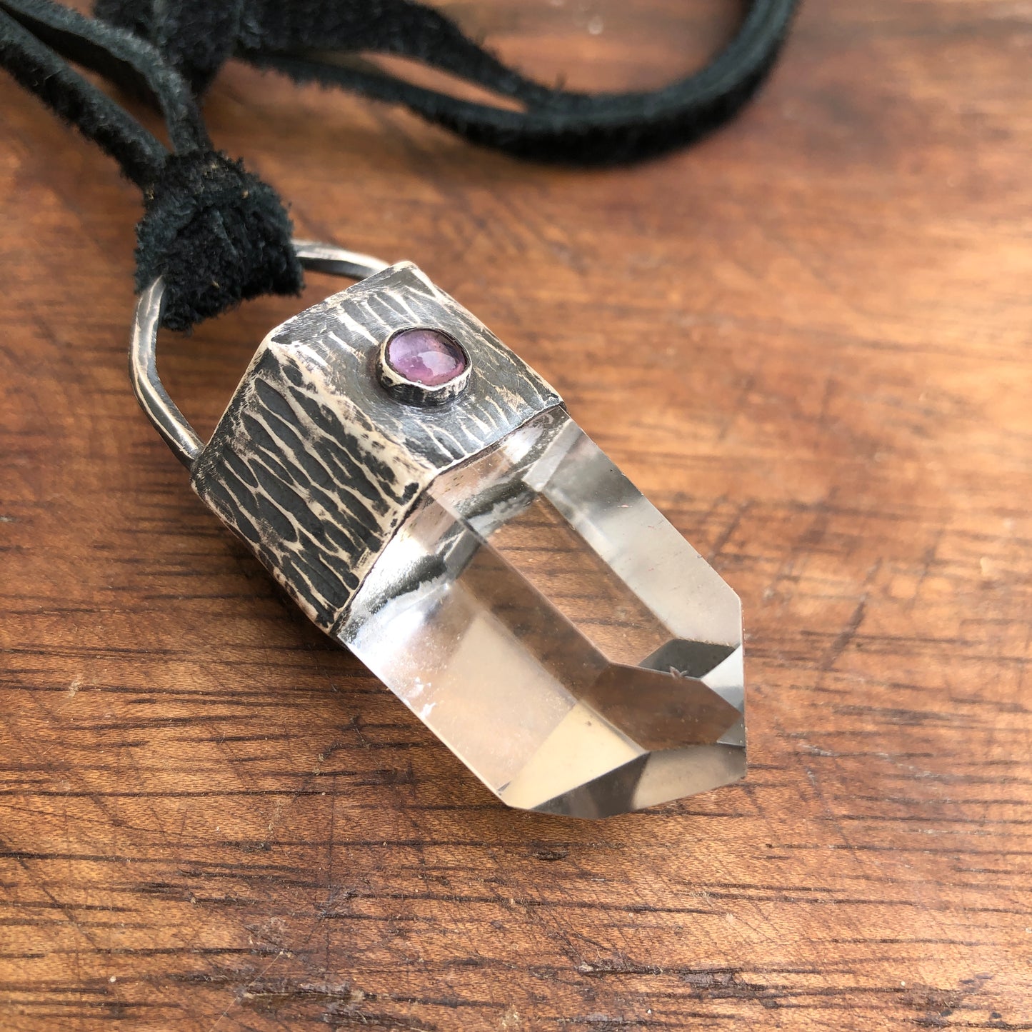 Crystal Quartz Pendant On Black Leather Lace