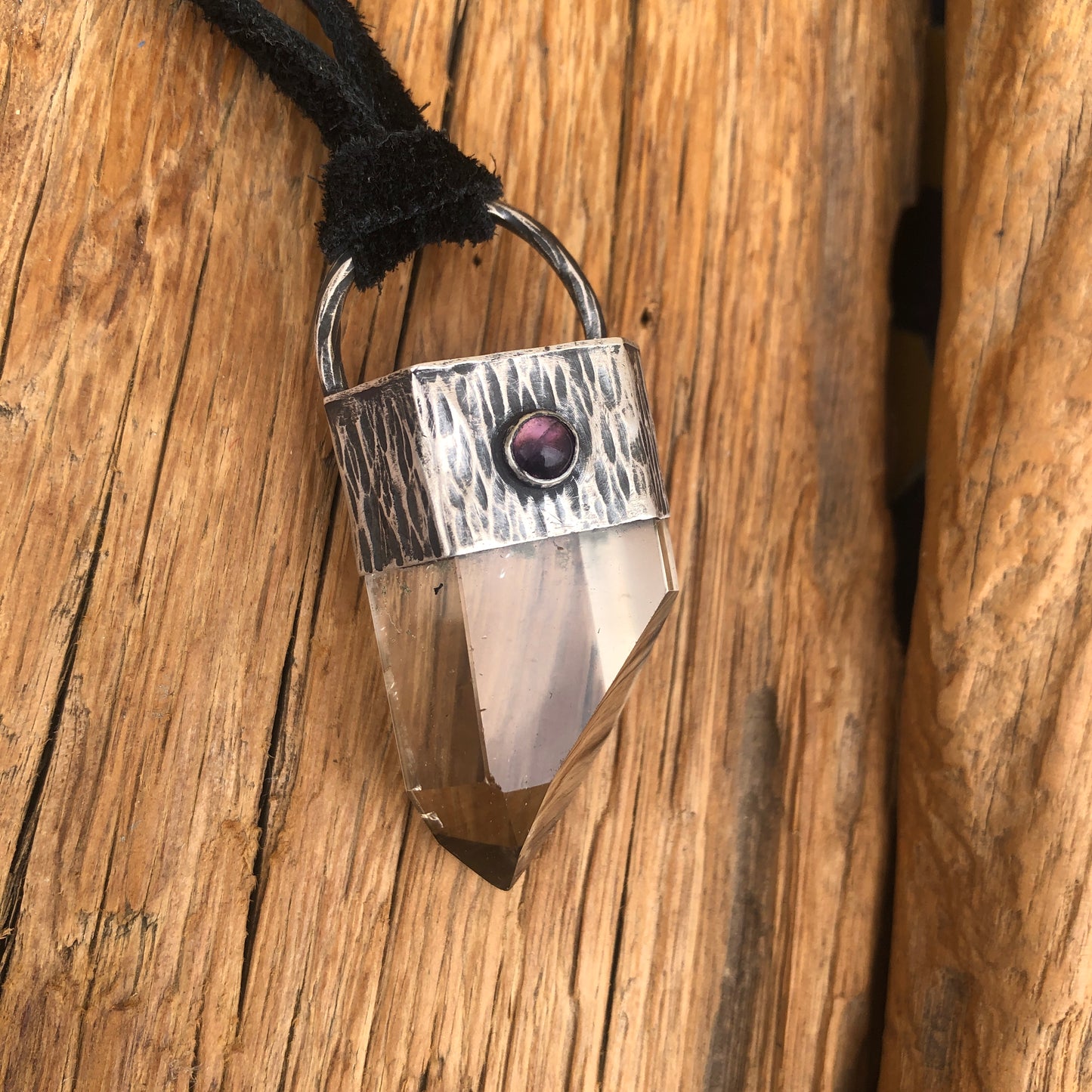 Crystal Quartz Point Pendant On Black Leather Lace