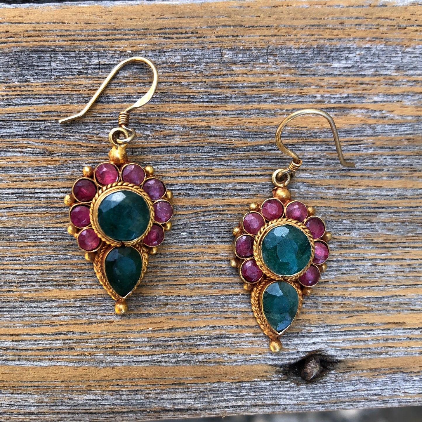 Faceted Ruby & Emerald Dangle Earring