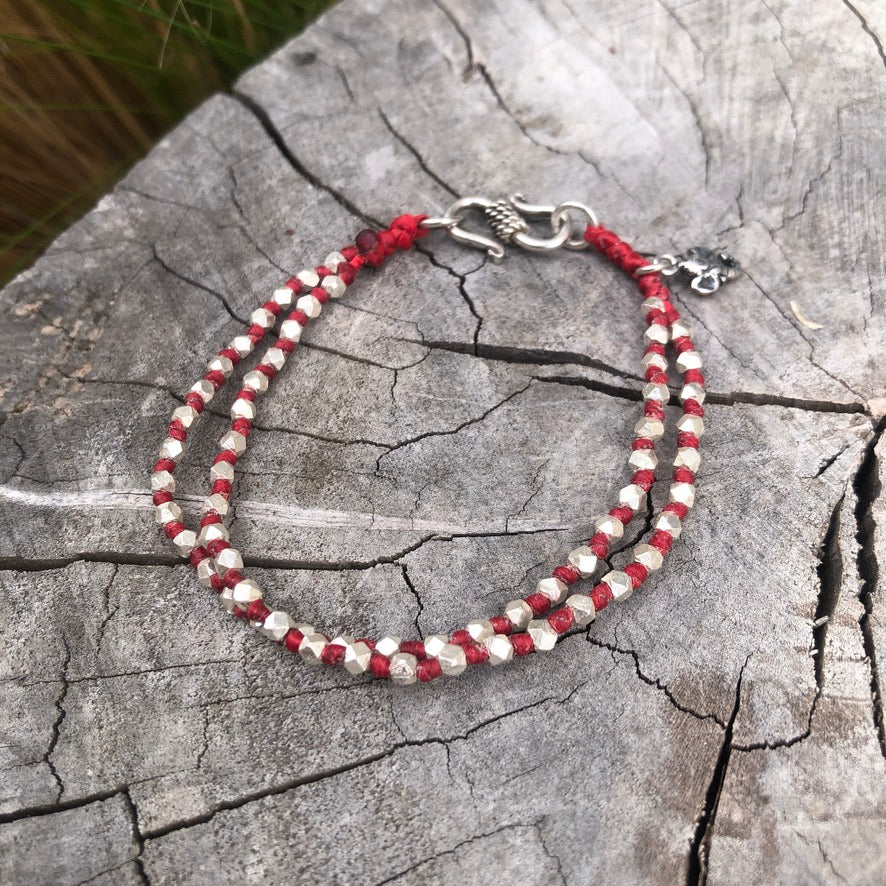 Knotted Silver Cubes Ganesha On Red Cord Bracelet