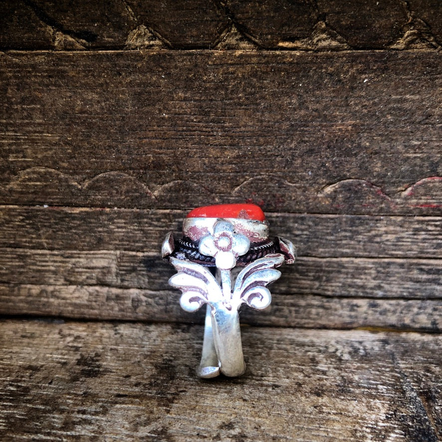 Red Coral Sterling Silver Saddle Ring