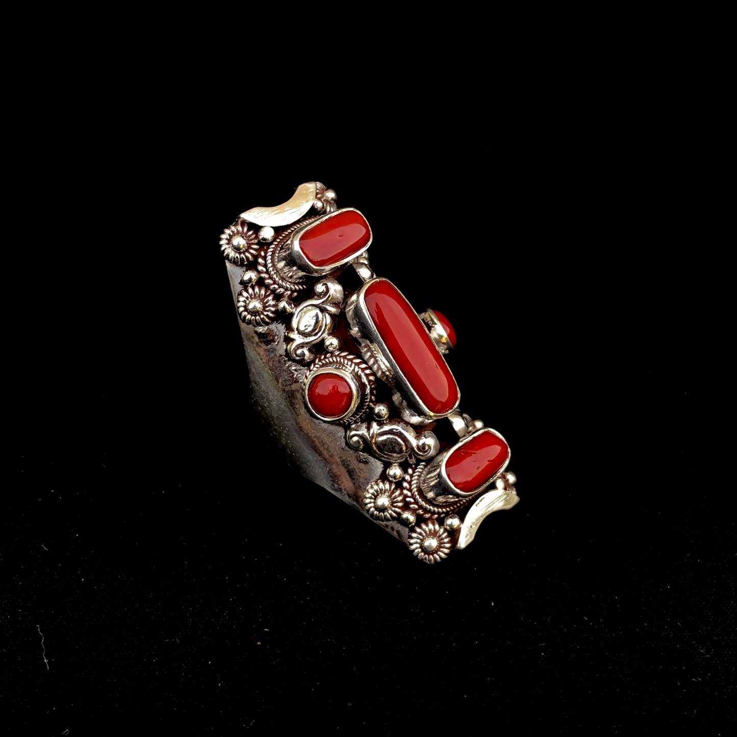 Large Coral Silver Saddle Ring