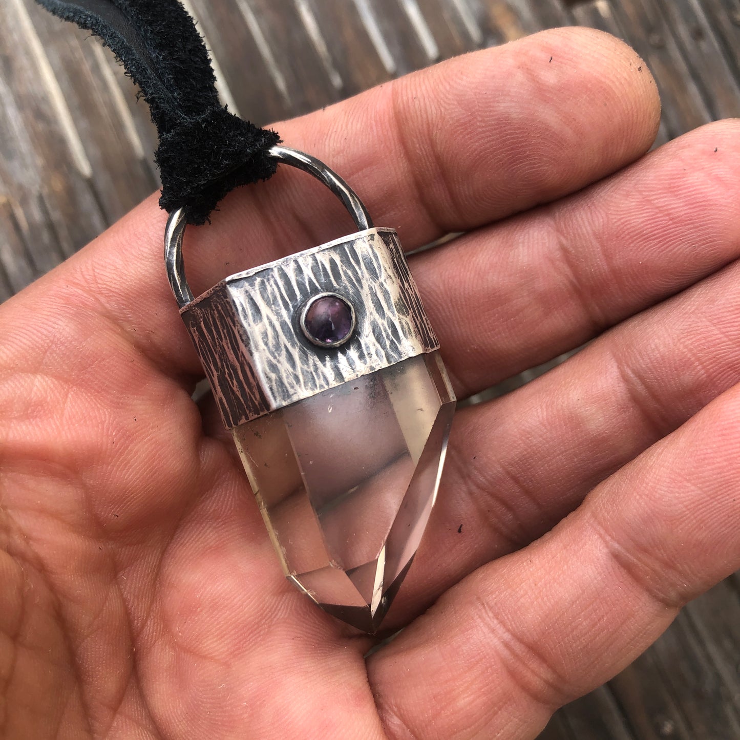 Crystal Quartz Point Pendant On Black Leather Lace