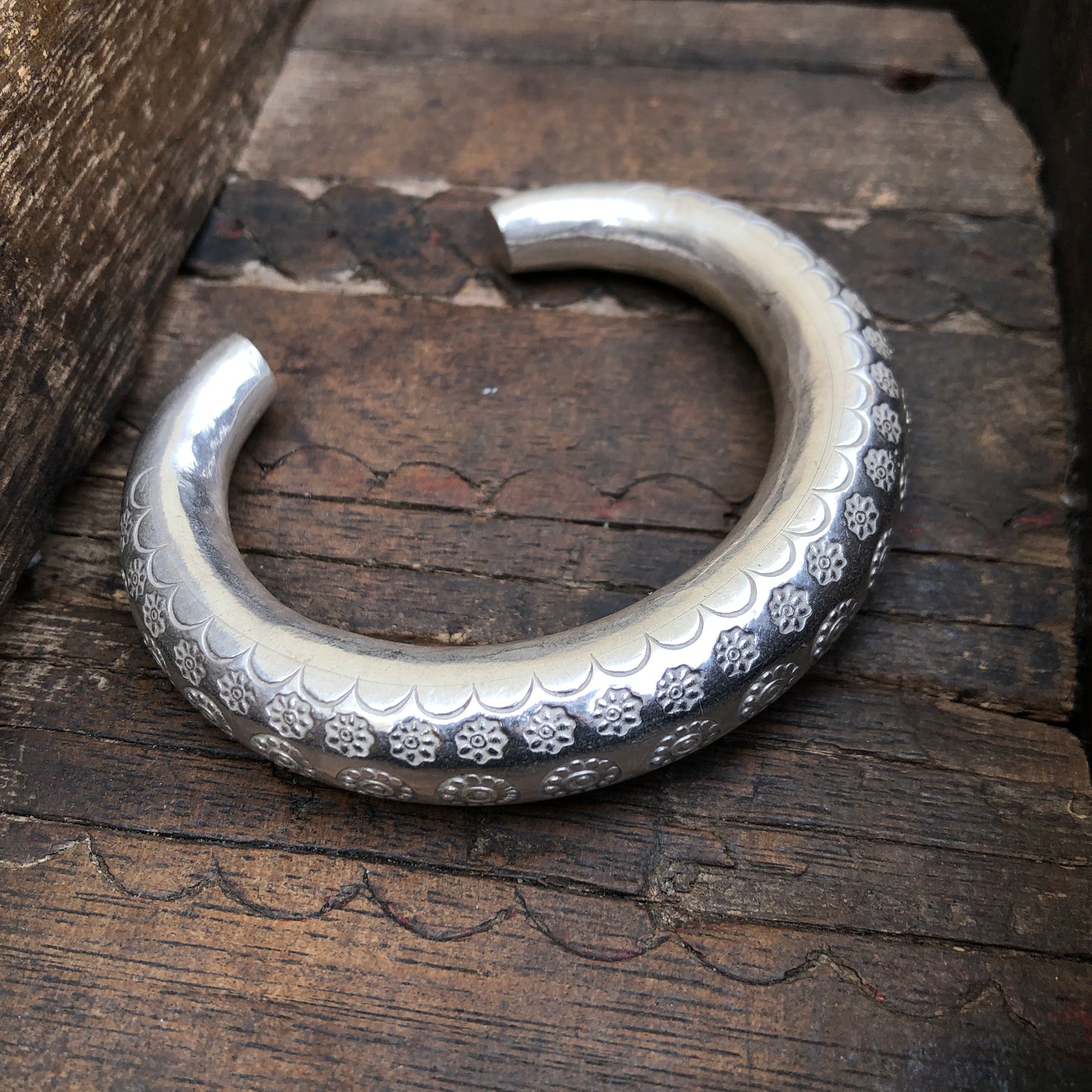 Etched Hilltribe Silver Bangle Bracelet