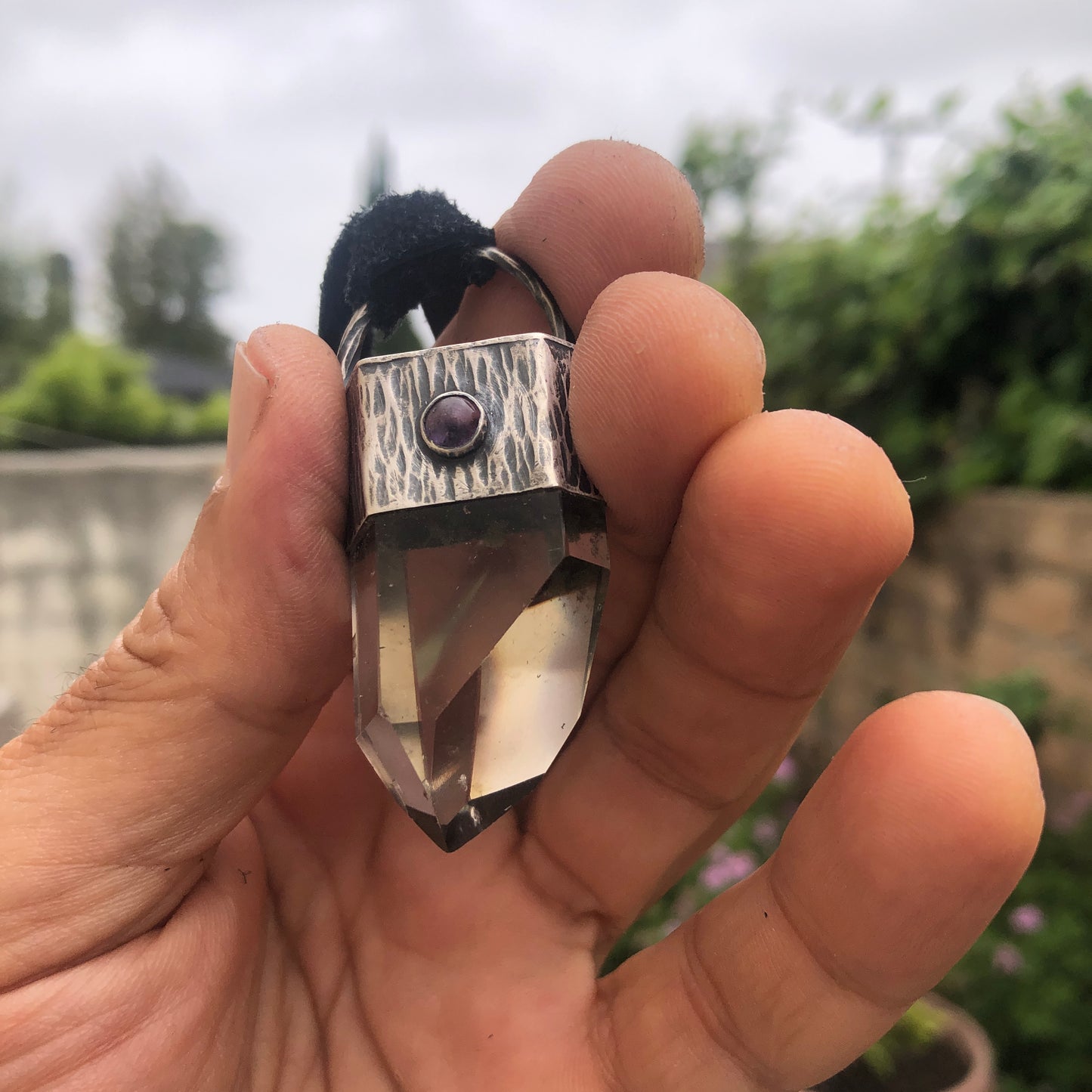 Crystal Quartz Point Pendant On Black Leather Lace
