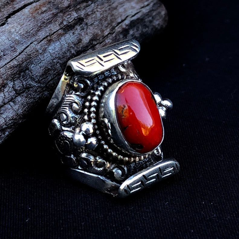 Tibetan Red Coral Saddle Ring