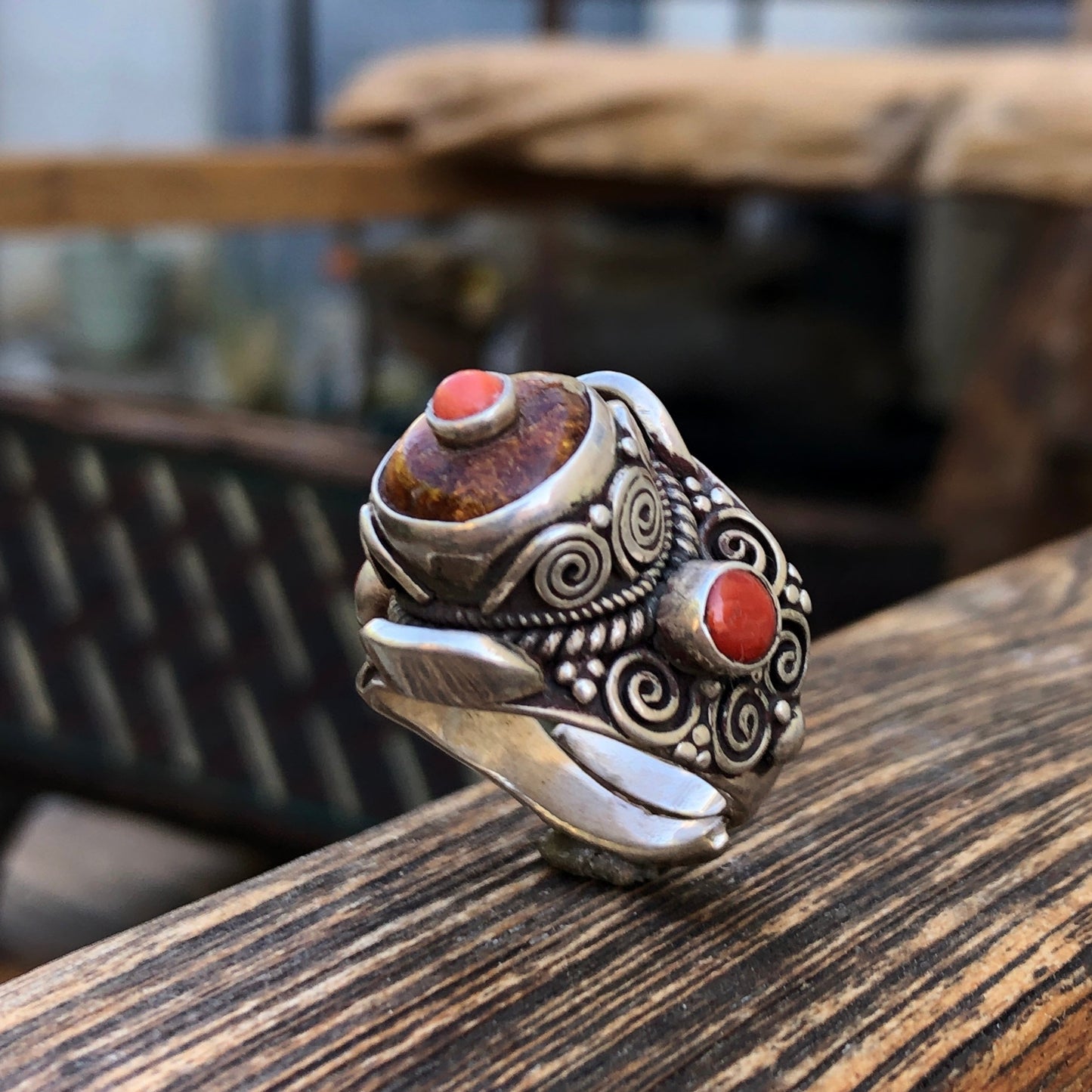 Amber and coral Tibetan ring